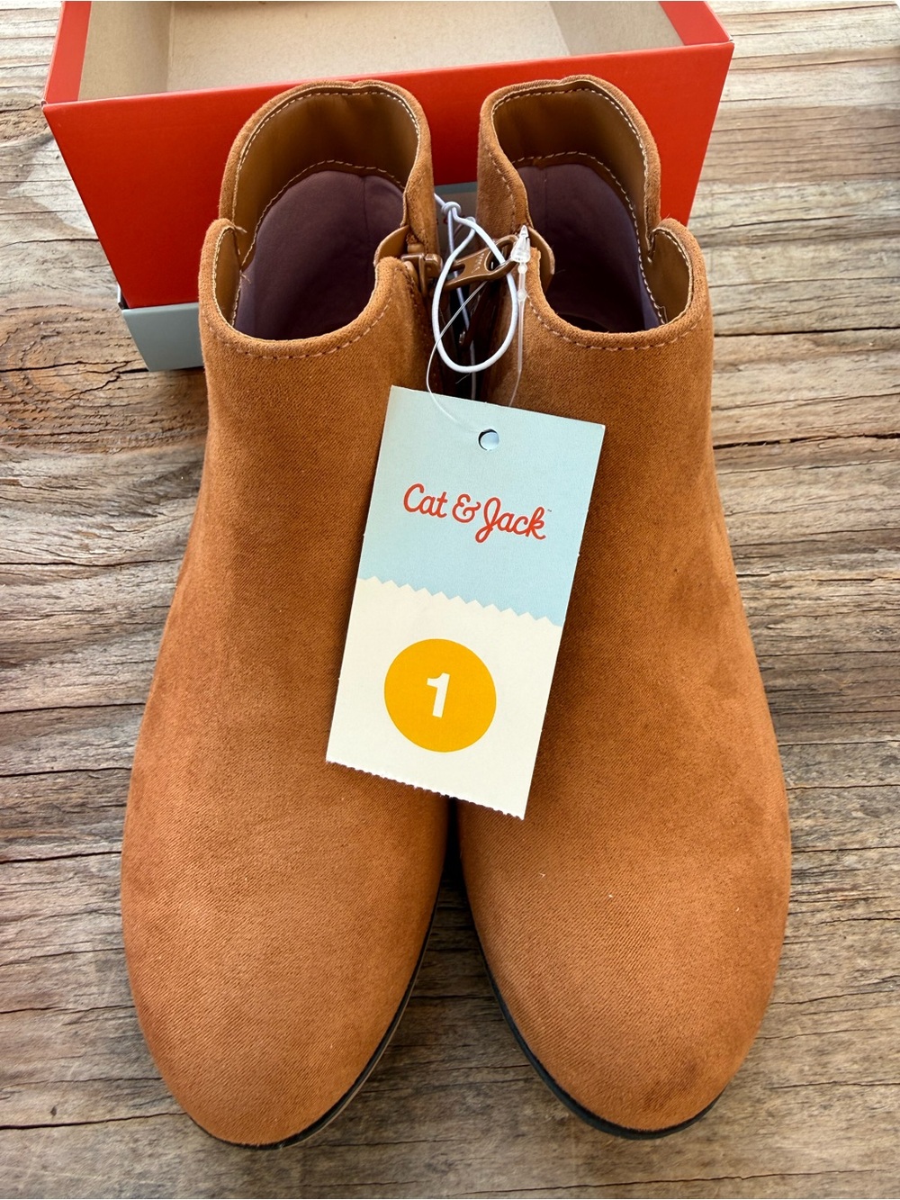 Cat & Jack Opal Ankle Boots Girls Size 1 Cognac Brown Faux Suede Zipper NEW